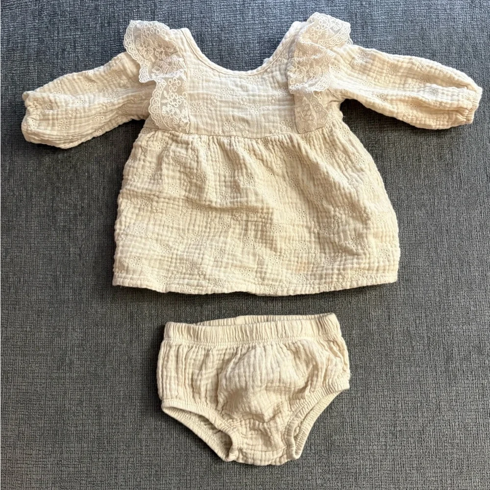 Cream Baby Dress and Bloomers Set